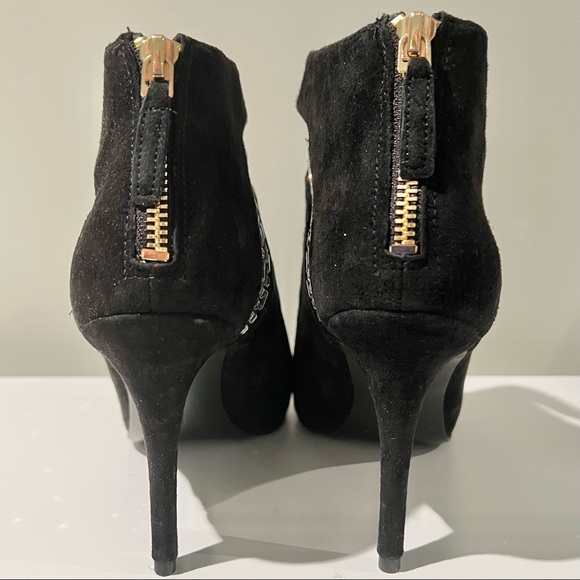 NINE WEST Black Suede Rhinestone Peep-Toe Ankle Boots - Picture 8 of 8